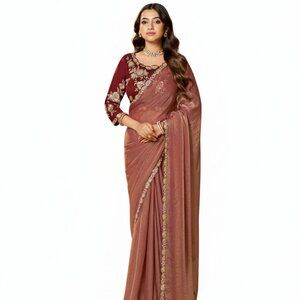 Elegant Moss Satin Silk Organza Burgundy Saree with Dual Sequence Embroidery